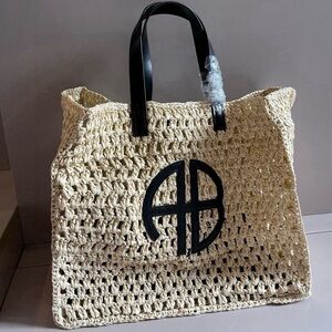 Anine Bing Tan Woven Tote with Black Accents